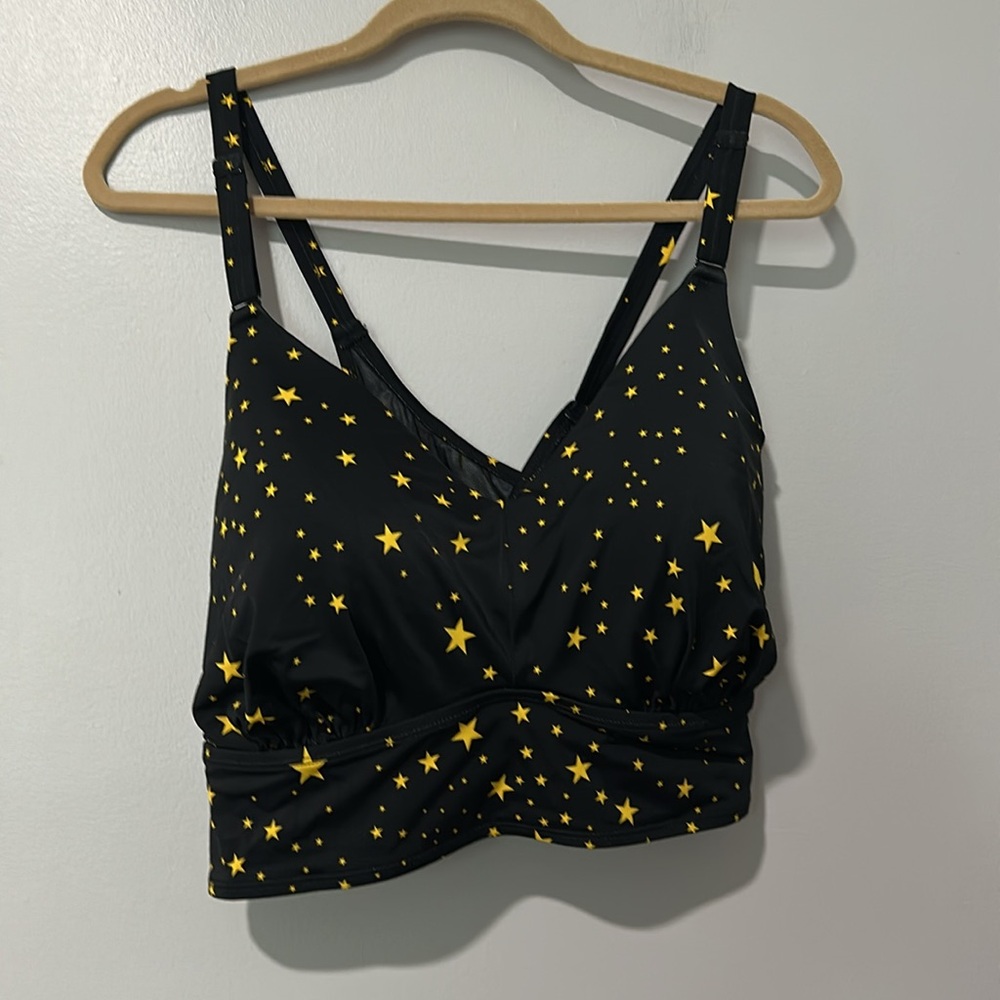 Wire-Free Bra Racerback Bikini Top Black And Yellow Star Print Sz 3X - Picture 2 of 5